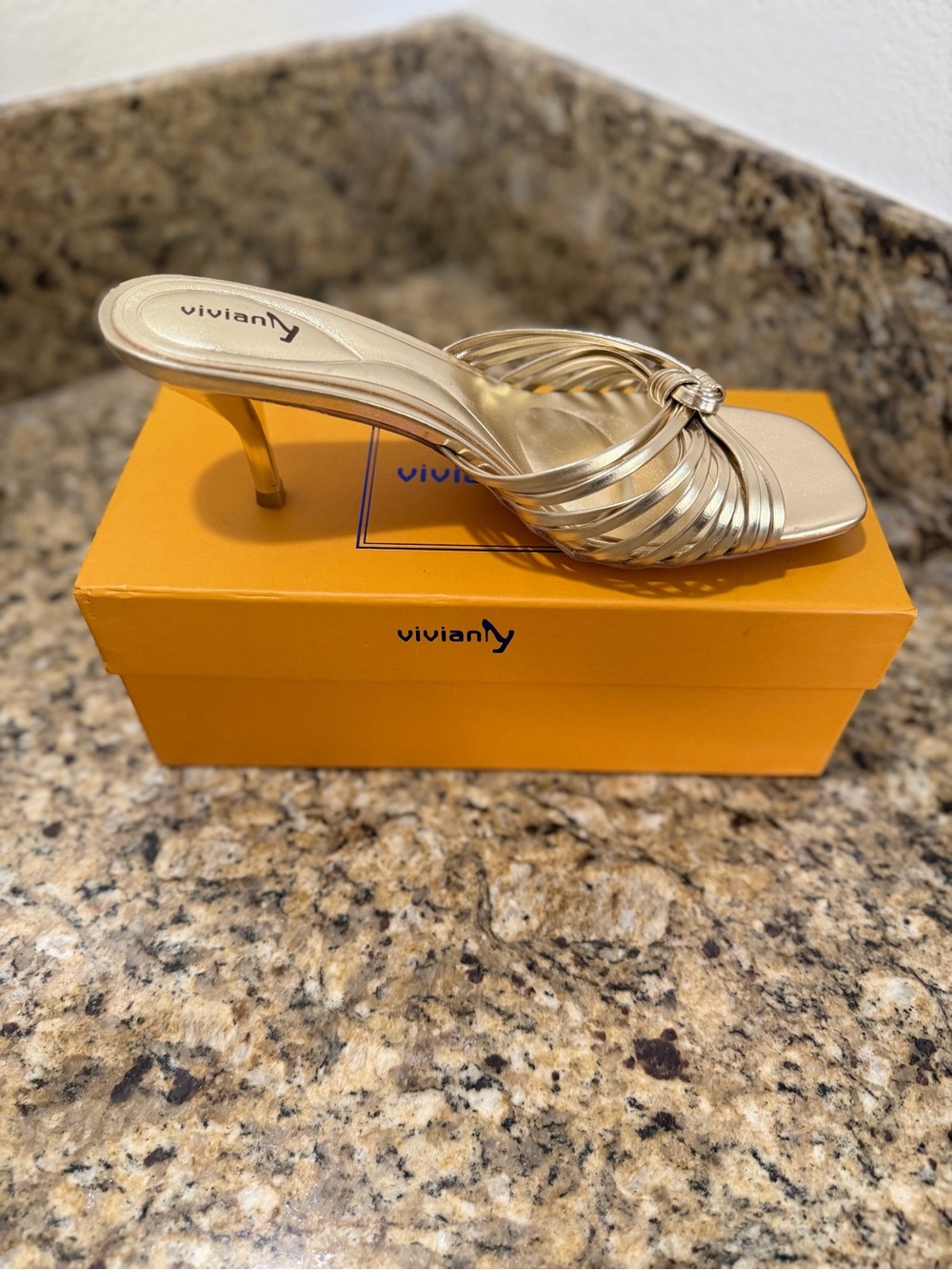 Vivianly Gold Knotted Strappy Mule Heel